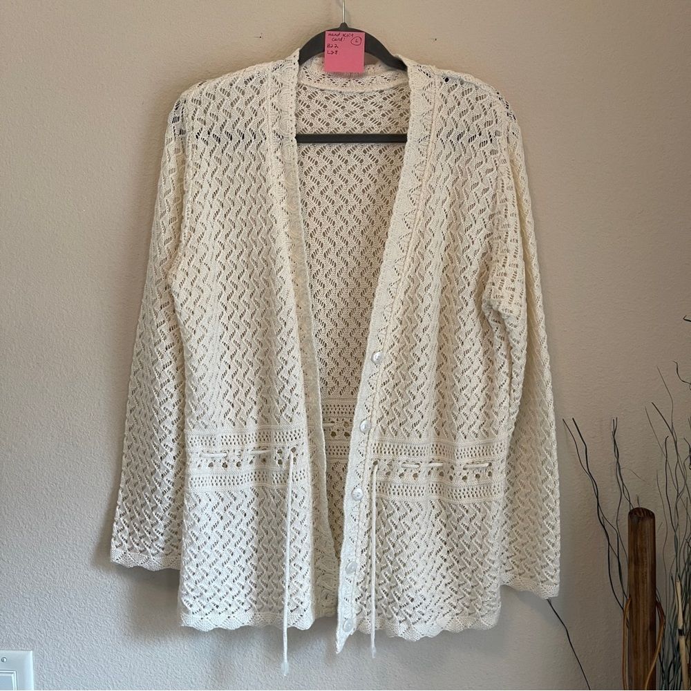 Cream Open Weave Button Front Cardigan Cinch Waist Handcrafted Larg